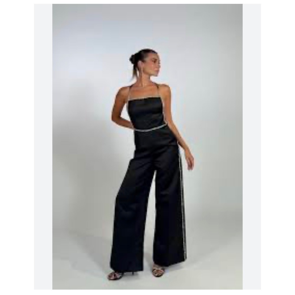 NWT Satin Wide Leg Jumpsuit Rhinestone Trim Open Back Strappy Glam Size 8
